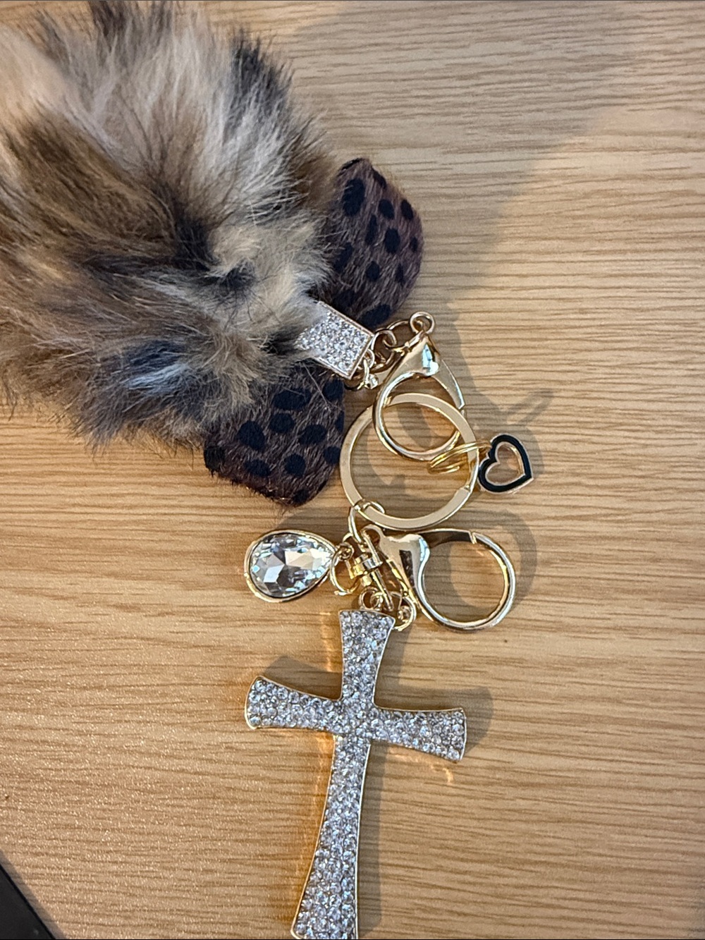 Rhinestone Cross Keychain - Gold Tone with Clear Crystals